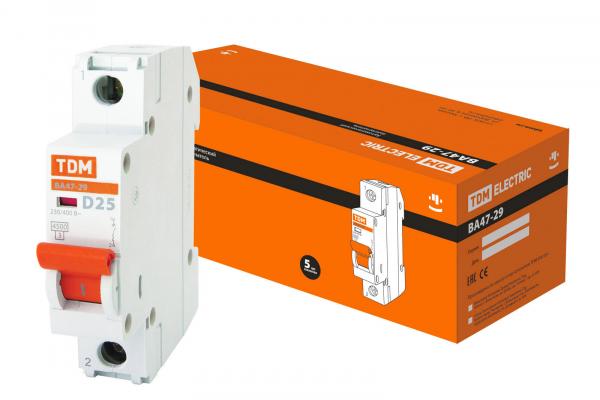 Выключатель автоматический  1П  25А  характеристика D  4,5кА  TDM  ВА47-29 SQ0206-0143