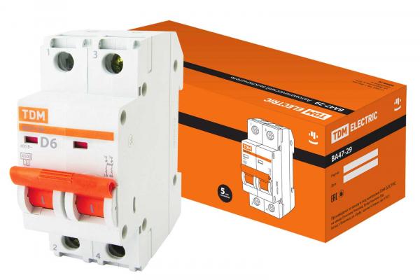 Выключатель автоматический  2П    6А  характеристика D  4,5кА  TDM  ВА47-29 SQ0206-0153