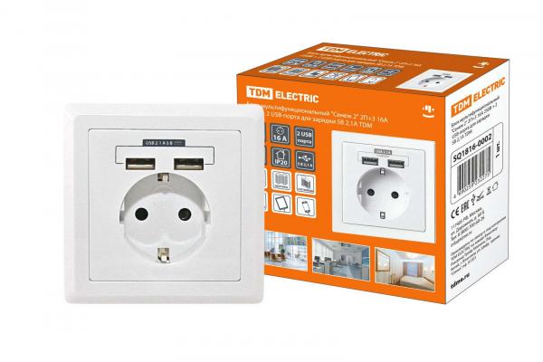 TDM  Сенеж 2  Блок мультифункциональный 2П+3 16А, 250В + 2 USВ-порта для зарядки 5В, 2,1А SQ1816-0002